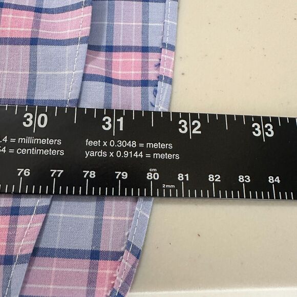 Club Room Dress Shirt Men's 17.5 32-33 Regular Fit Performance Blue Pink Plaid - Picture 9 of 13